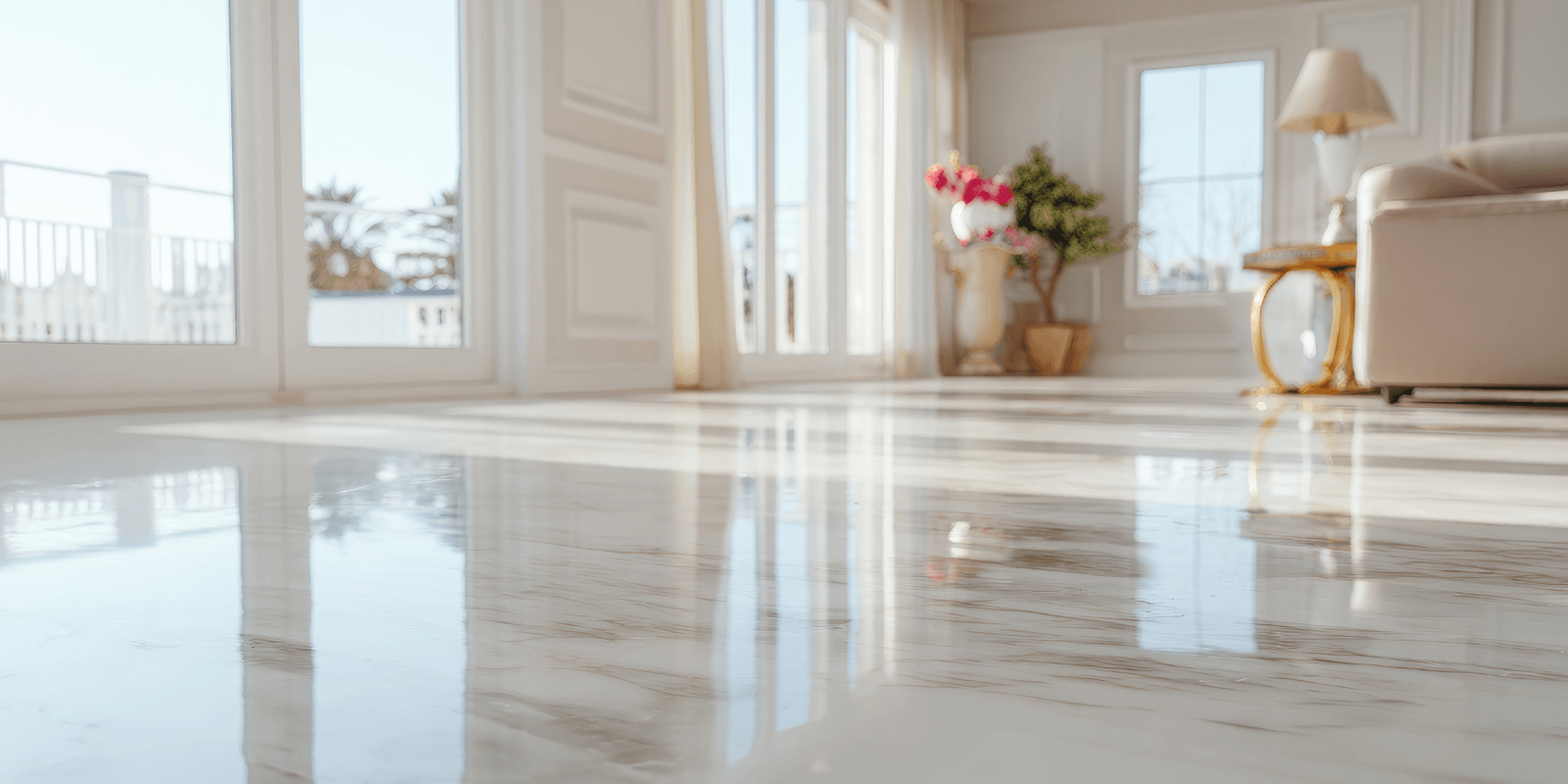 Bright living room with a glossy marble floor reflecting sunlight, white walls, and large windows near a vase of flowers by the sofa.